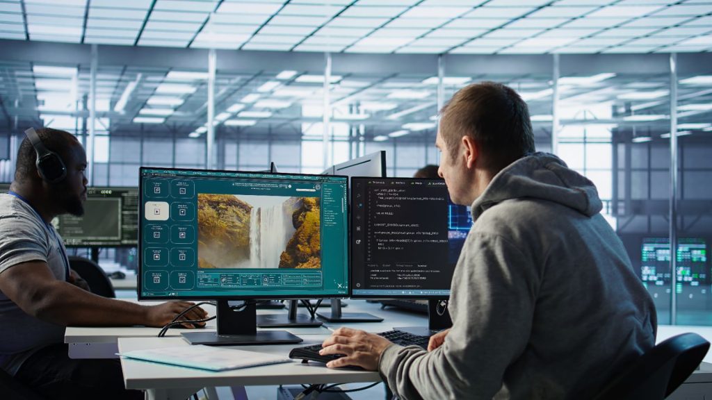Two engineers building and testing an ai tool on screen, the kind of work that professional indemnity for ai businesses responds to