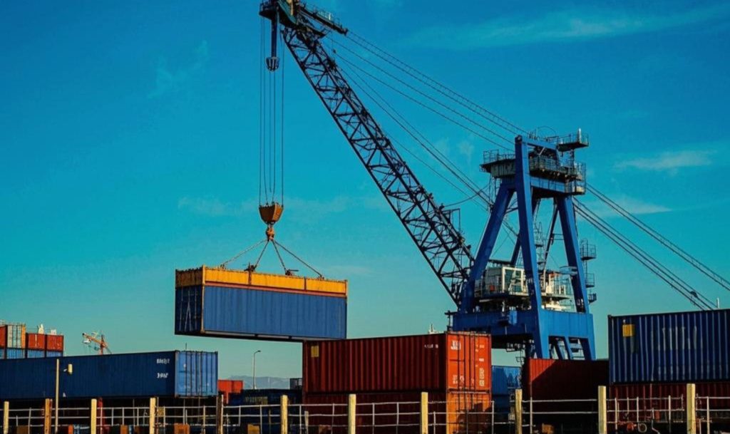 Gantry crane lifting a shipping container above stacked containers at a container terminal