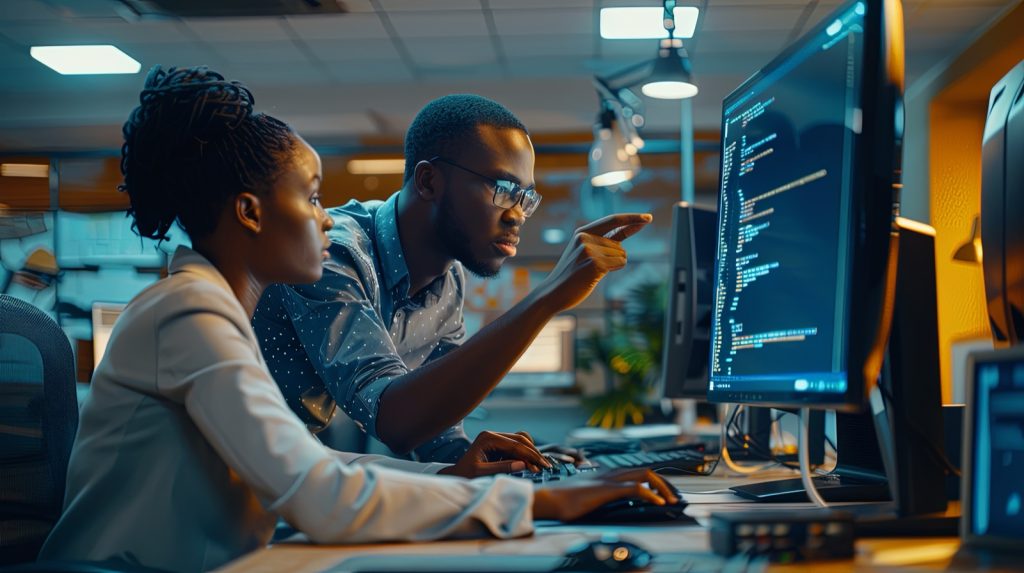 Two software developers writing code together at a desk, the professional work that technology professional indemnity insurance responds to